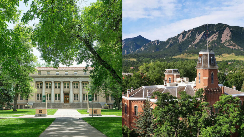 Split screen with the CSU Fort Collins campus on the left and the CU Boulder campus on the right.