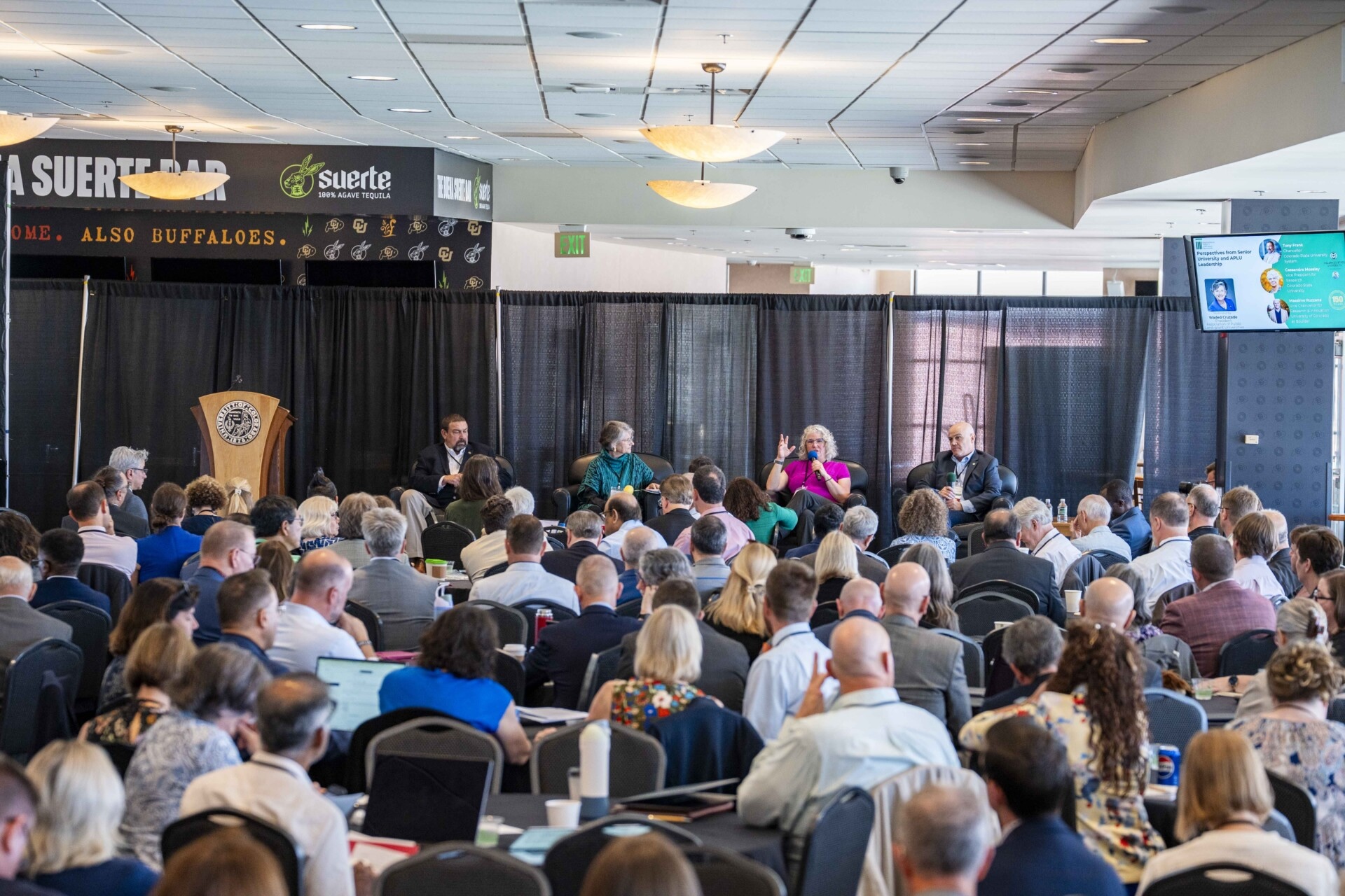 Conference with a panel speaking at the front of the room.