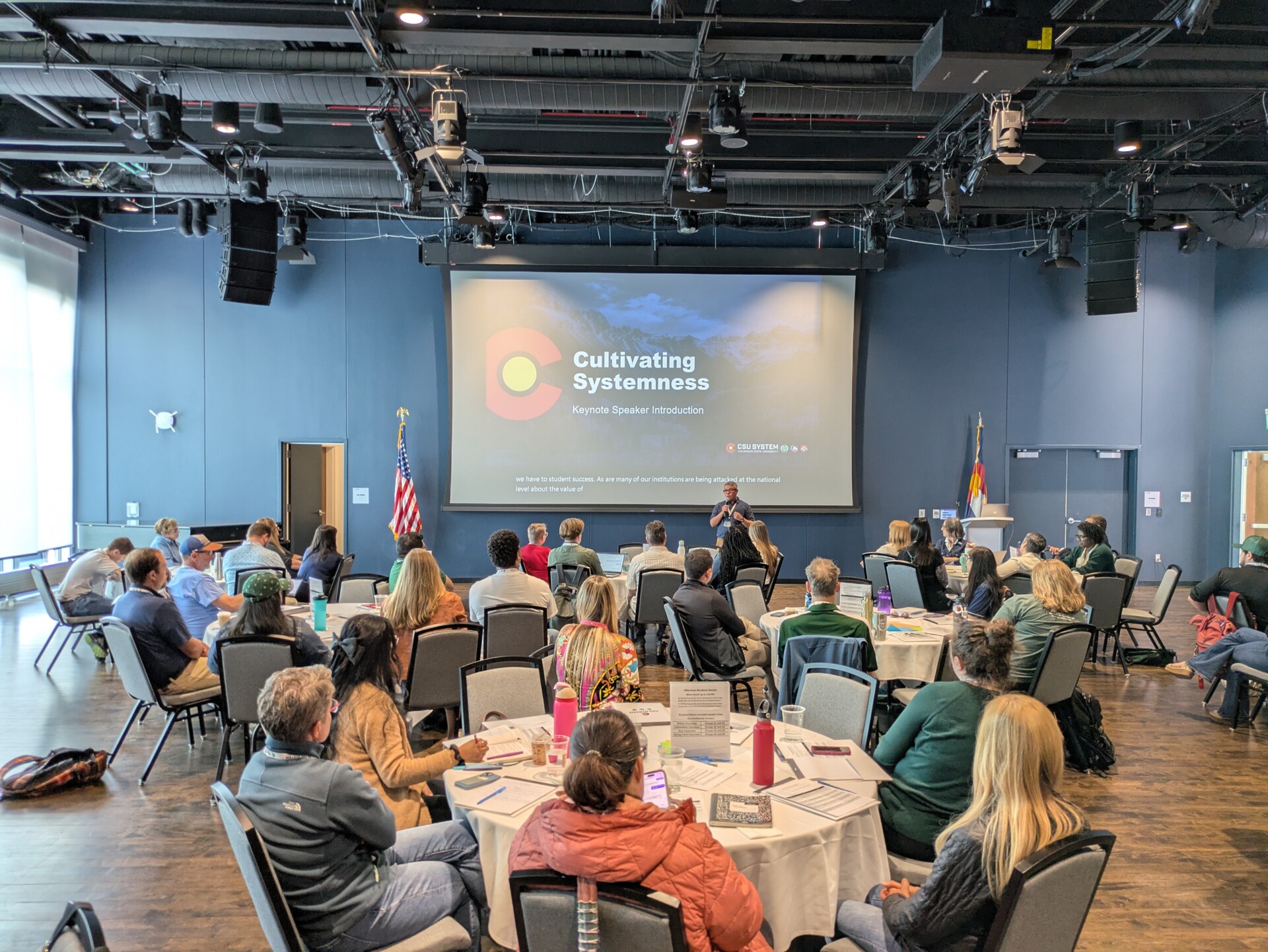 People sit at round tables while someone speaks from the front of the room in front of a screen that says "Cultivating Systemness."